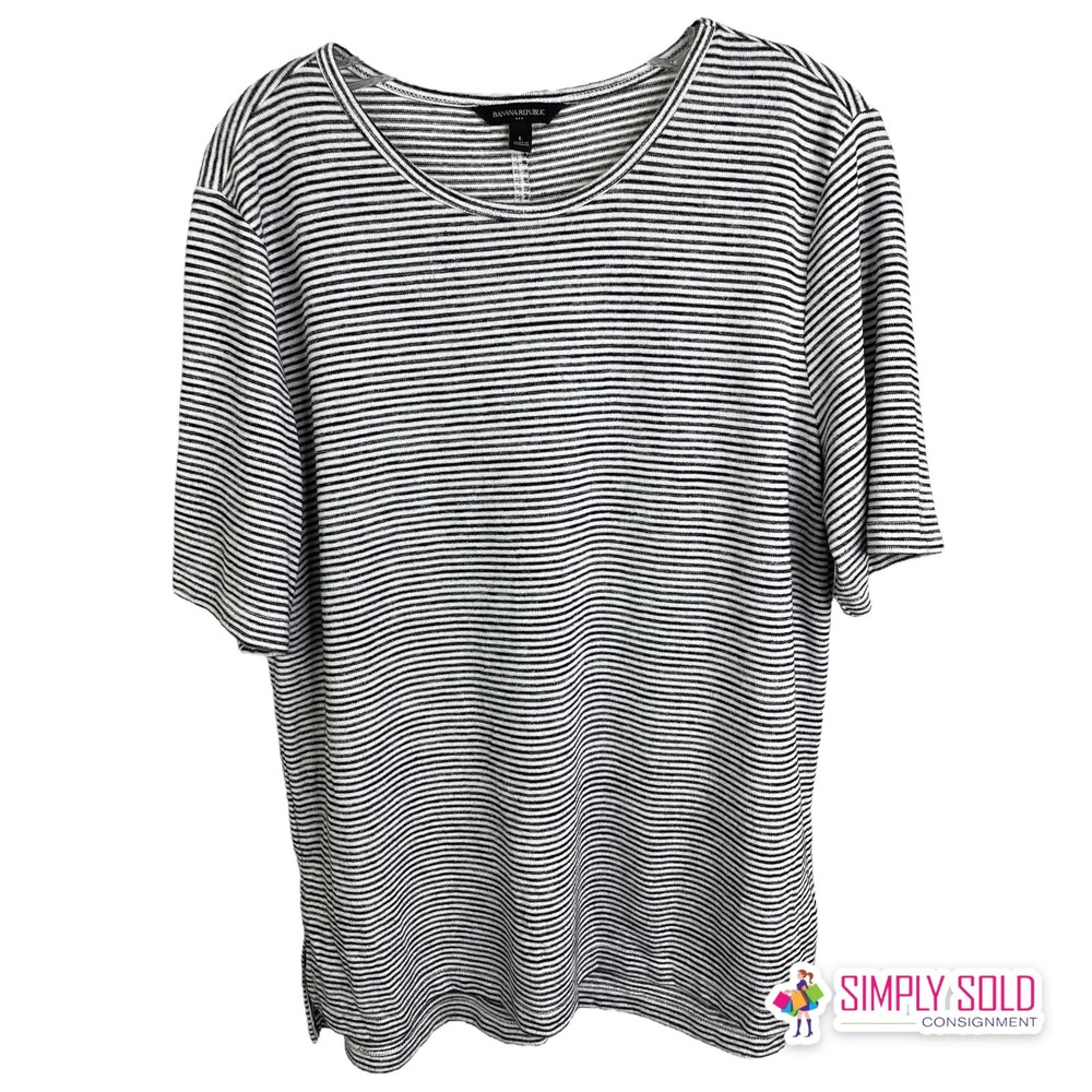 Banana Republic Women's Blouse Short Sleeve T-Shirt Black White Striped Cotton L